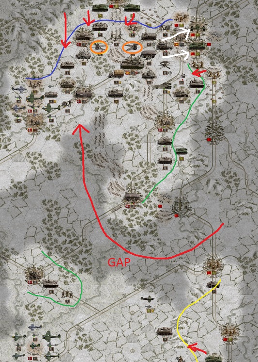 Blue: Defense line of General Guderian. The two artilleries (orange circles) are positioned at the perfect places to suppress any attack from the north. / Green: Defense line of General Hoth (the troops near Gomel missed to close the defense line to General von Manstein’s troops in the south) / Yellow: Defense line of General von Manstein. / White: Wehrmacht attacking Moscow / Red: Red Army attacking with strong forces. The Gap will soon be used to strike deep in the open flank of the Wehrmacht.