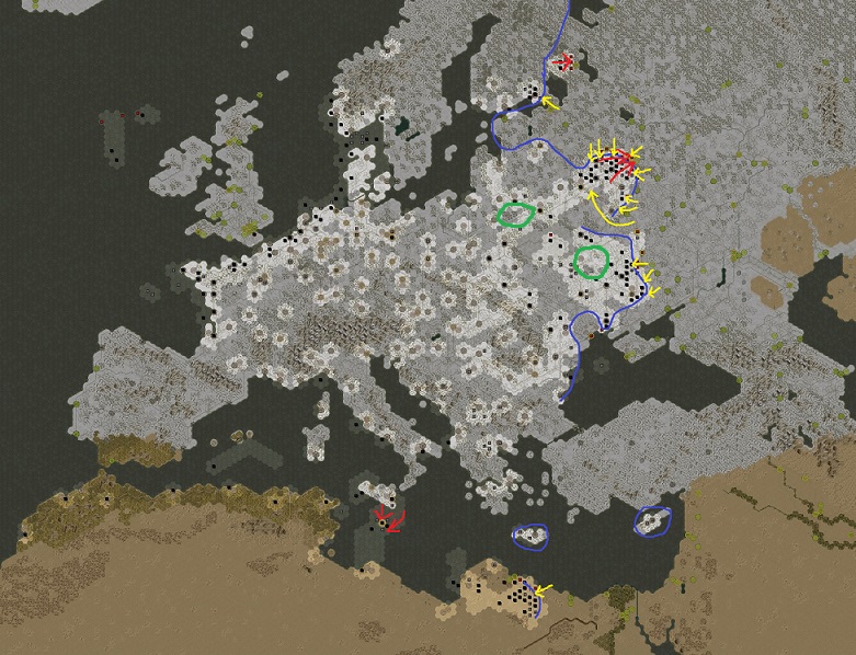 Blue. Defending / Red: Attacking / Yellow: Red Army and British attacking / Green: Pockets where the Red Army lost hundred thousands of men and a lot of military equipment.