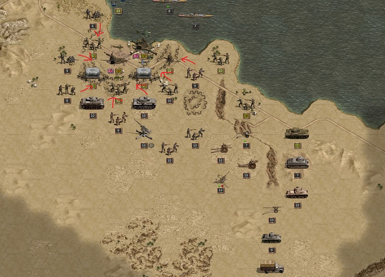 Rommel attacks Tobruk from all sides. The Italian battleships and bombers supress the British AA and artillery in Tobruk.