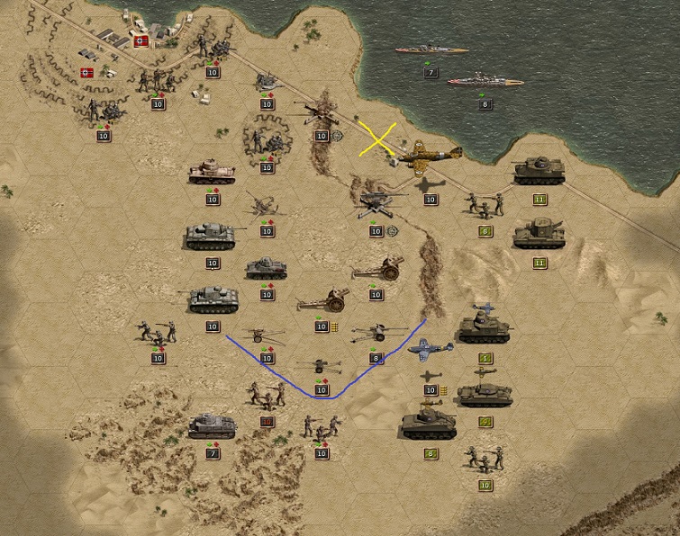 Rommel’s desert wall. In the north (yellow cross) a death trap was prepared. Several strong British tank forces were annihilated by the ship artillery, artillery and finally by the two antitank units. In the south the strong antitank defense line repelled the British tanks, too. Rommel’s tanks are still at a safe position behind the wall waiting for the attack order to hunt down the weakened British troops.