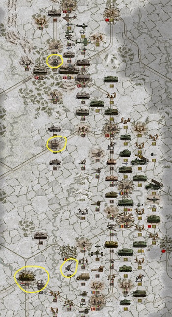 February 43. Superior Red Army tank forces and artillery attack the whole front line in great numbers. The very deeply entrenched Grenadier divisions in the cities are the backbone of the German defense line. Yellow: The Wehrmacht used the winter to transport air defense systems from France (where they are not needed anymore) to the eastern front. Also fighters Fw190-A5 and fighter-bombers Bf110G are on the way but will need some more weeks to arrive in the east.