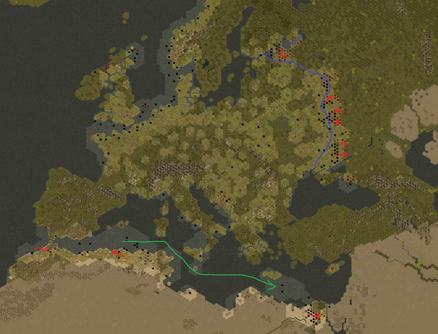 April 1944: Blue: Defending line of the Wehrmacht in the east for two years / Red: Attacking / Green: Naval moves.