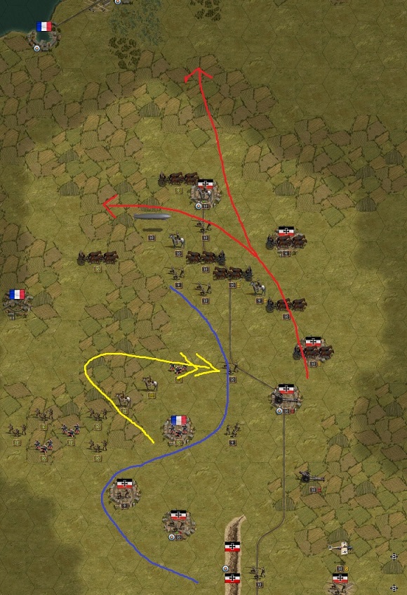 October 5. 1914. The day that brought the decision: The German troops were able to cut off the enemy. Red: Attacking / Blue: Defending / Yellow: Enemy deciding to give up the race to the coast and changing direction to attack the German troops. Result: The French and British troops were attacked from north, east, south and annihilated in the cross fire while the German Cavalry rushed to the coastal cities.