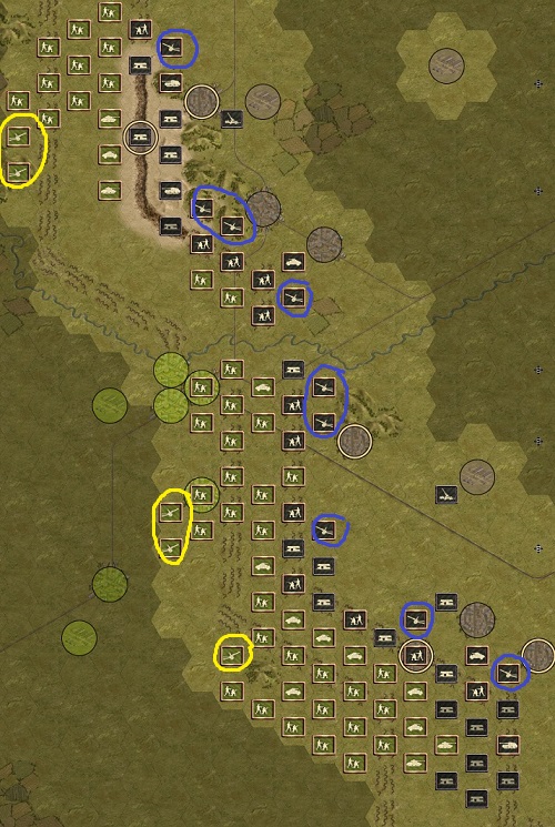 The British troops are outnumbering the Germans with infantry and tanks. But the Germans have more artillery. Who will first destroy or successfully suppress the enemy artillery (yellow / blue) may get the crucial advantage.