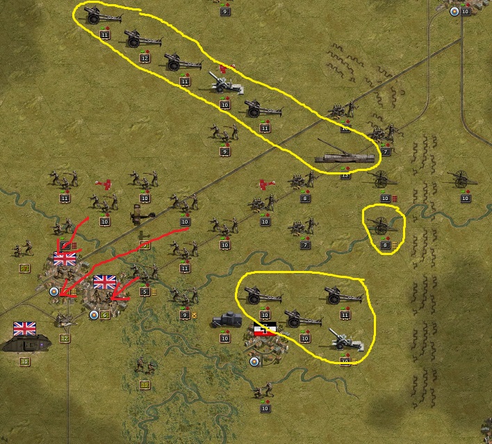 Battle of Amiens. Yellow: German artillery decimating the British defense / Red: Attacking