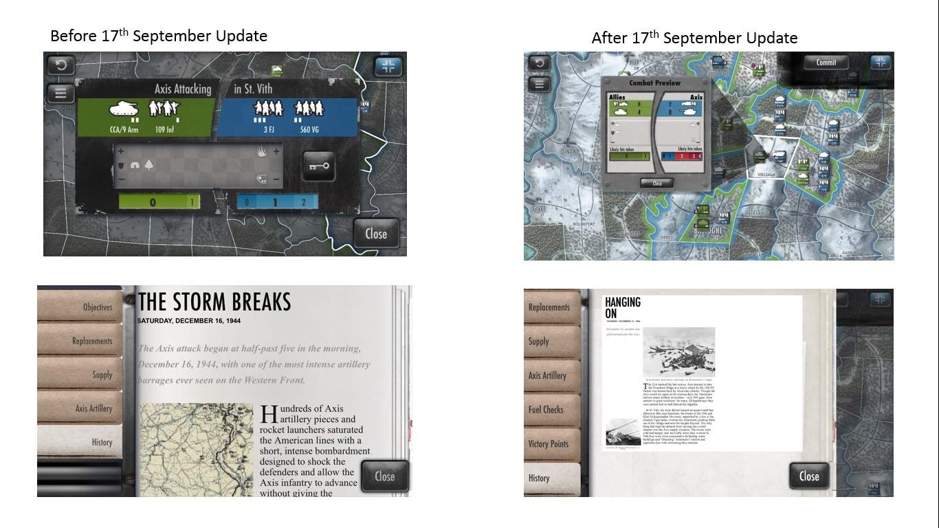 iPhone 5 iOS 7 comparison of BotB sample screens before / after 17th September update