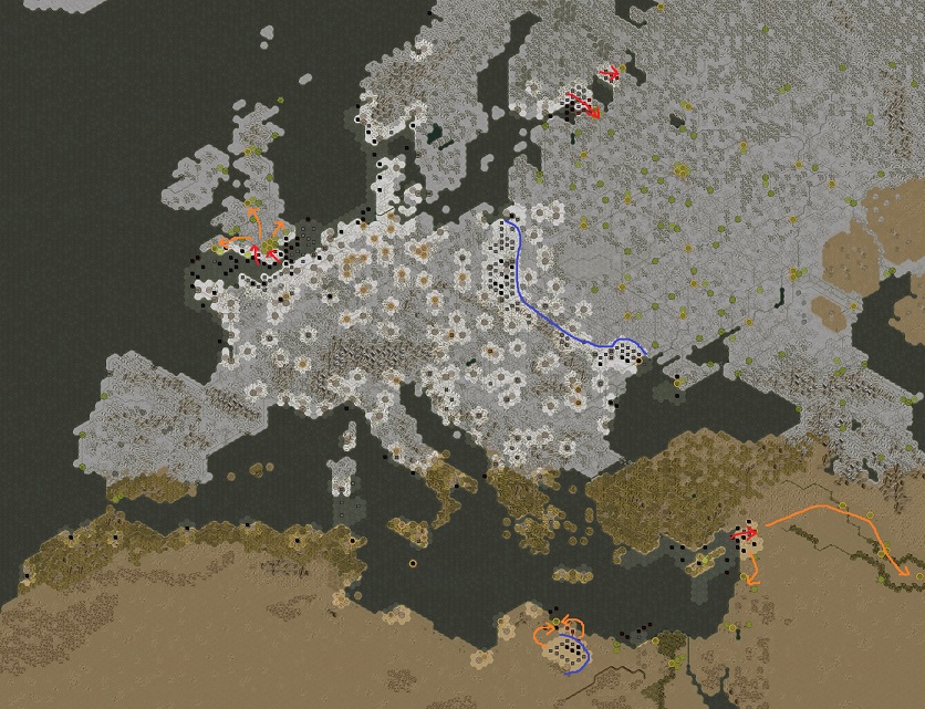 Order of battle January 1942. Red: Attacking, Blue: Defending, Orange: Planned attacks for the next six month.
