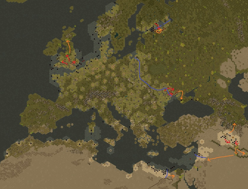 Order of battle in August 1942. Red: Attacking, Blue: Defending, Orange: Planned attacks for the next six month.