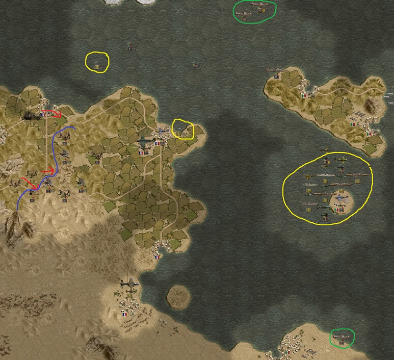 March 1943, Tunisia: The Anglo-American fleet (yellow) is ruling the sea between Tunisia, Sicily and Malta. Axis submarines and bombers try to fight the fleet. Risky maneuver: Vital enforcements (green) try to use a gap in the Allied naval blockade of the Tunisian coast to bring in tanks and artillery. But for sure the American submarines will find their preys. Defending the hills west of Tunis, the few Italian and German troops try to win time against the attacking Americans to bring in more supplies to Tunisia.
