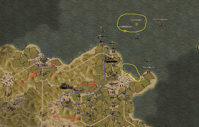 April 1943, Tunis. Axis troops including the important heavy Tiger tanks landed at the coast using a gap in the naval blockade just in time before the Anglo-American fleet (yellow) again completely blocked the Tunisian coast. Axis troops are still retreating to win time.
