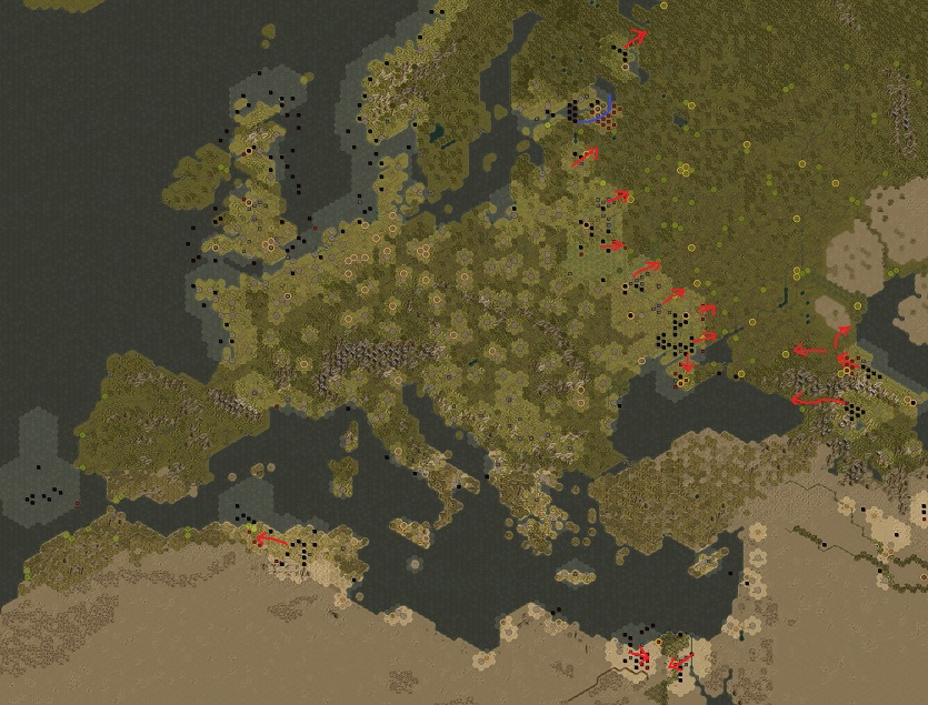 Order of battle in September 1943. Red: Attacking, Blue: Defending.