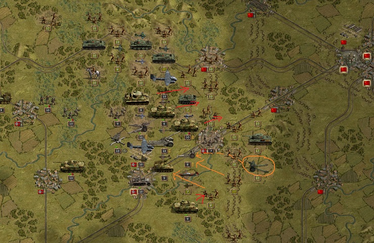1944 July, Battle of Smolensk. Massive attack of the Russian Air Force. Orange: Counter attacks of the Red Army at the open southern flank of Rommel’s army.