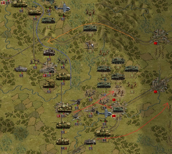 1944 April, Battle of Smolensk. Red: Rommel will attack in the center and in the south. Blue: Defense line against a possible strong Russian attack north of Smolensk (orange).