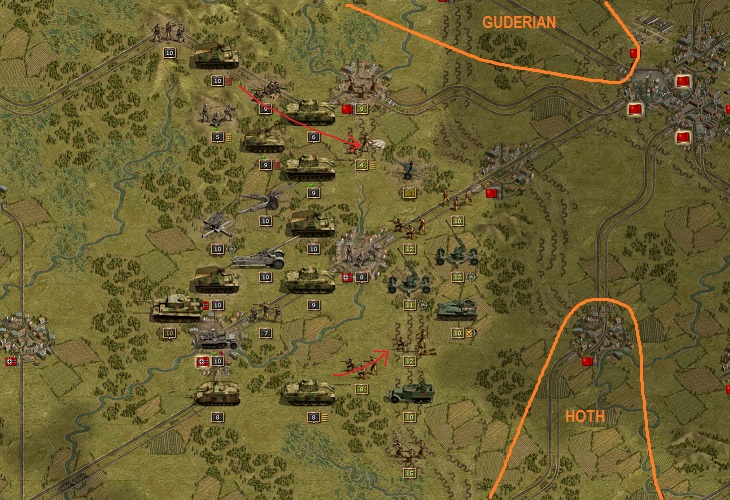 1944 November, Battle of Smolensk. Red: Rommel will attack at the flanks but in the south there can be no success with further help. Orange: If Guderian of Hoth will reach the battlefield their troops will show up in these areas and may immediately decide the battle of Smolensk for the Axis.