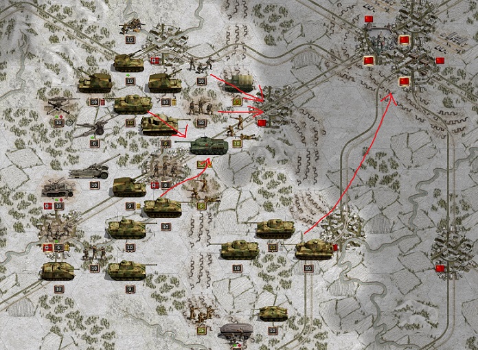 1945 January, Battle of Smolensk/Vyazma. Red: Rommel will attack in the center to capture the city of Mozhaysk. Hoth was able to send two Panther divisions and his Tiger II division to the north. They will directly enter the area between Moscow and Mozhaysk and in best case can immediately reach the border of Moscow.