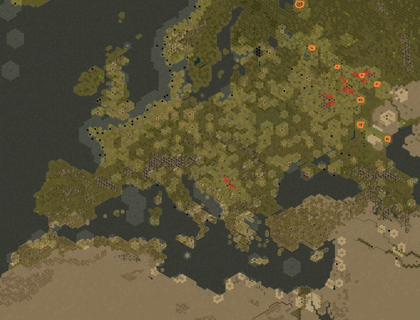 Order of battle in July 1945. Red: Attacking for total victory. Orange: Capturing these cities (mainly at the Volga River) defeats the Soviet Union west of the Ural Mountains.