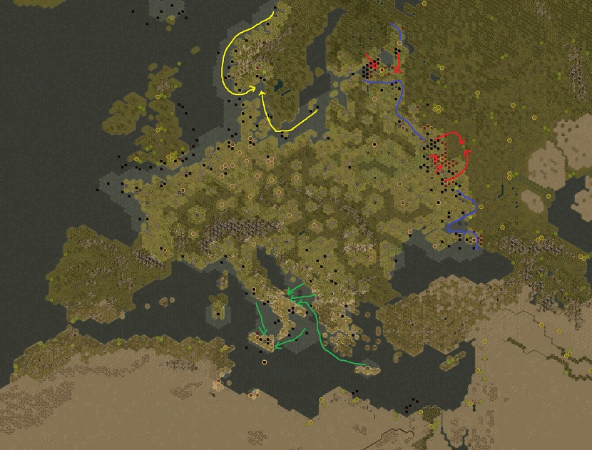 July 1943. Red: Attacking / Blue: Defending / Yellow: Naval moves of the Kriegsmarine in preparation of Seelöwe / Green: Axis troops moves around Italy in preparation of Achse.