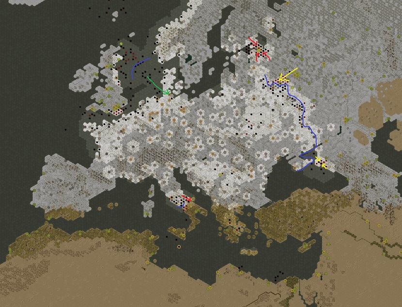 Order of battle in February 1944. Blue: Defending / Red: Attacking / Yellow: Strong attacks of the Red Army / Green: Retreat of the defeated German armada back to the continent.