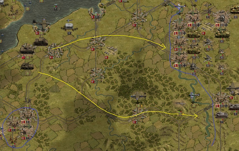 September 1944. The Allied have already captured the whole western part of France. The Wehrmacht is holding Paris and preparing the main defense line at the Rhine River (blue). The main thrust of the Allied attacks is expected at the cities of Duisburg, Düsseldorf, Köln and Frankfurt soon (yellow).