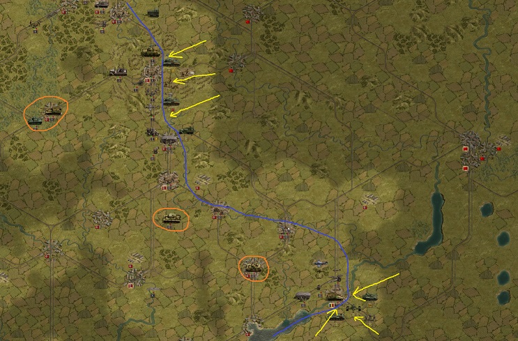 September 1944. The Russians attack at Kursk and in the very south at Rostov (yellow). The Wehrmacht is holding the lines mainly with deeply entrenched infantry. Heeresgruppe Süd has built up some strategic reserves (orange: strong tank and anti tank divisions) that can quickly be sent to the battlefields were they are needed.