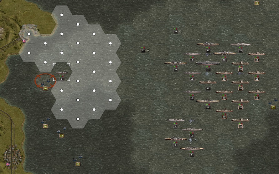 1943 November 24. The German invasion fleet using first snow fall to start Seelöwe. 11 troop transporters (including 4x Gebirgsjäger, 2x infantry, 3x artillery, 2x 88er Flak). Under the cover of the bad weather the S-boat will retreat and the destroyers will immediately start to clear the British mine field.