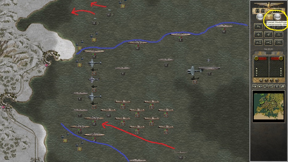 1943 December 27. The mine field is removed by the destroyers. The defense line of the fleet in the north and the south is set up (blue). The submarines move in their final positions (red). The weather forecast surprisingly shows the end of snow fall (yellow).