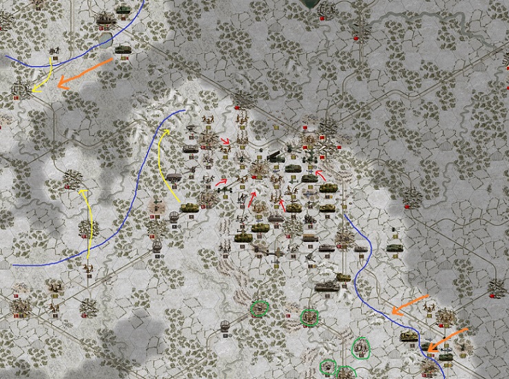 1944 February 07. Order of battle at the northern Russian frontline. Red: Attacking / Blue: Defending / Yellow: Next moves to close the Novgorod – Rzhev gap / Orange: Attacking Red Army forces / Green: To be prepared against a possible break through of Russian tank divisions several anti tank and infantry divisions are stationed at strategic important sites.