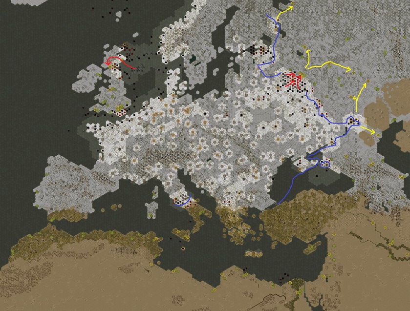 Order of battle in February 1944. Blue: Defending / Red: Attacking / Yellow: Possible directions of attack in summer 44 to decide the war in the east