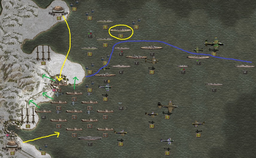 1944 February 22. Order of battle in the North Sea. Still defending in the north to hold back the British ships (blue). But the heavy German battleships nearly gone. The invasion will happen soon on the Scottish beaches (green). But first the fleet will be hit by the British forts (yellow arrows). Thanks to the Kriegsmarine the HMS Warspite (yellow circle) that is nearly undamaged is still out of range. Snow prevents the bombers from attacking but the weather forecast tells clear sky again.