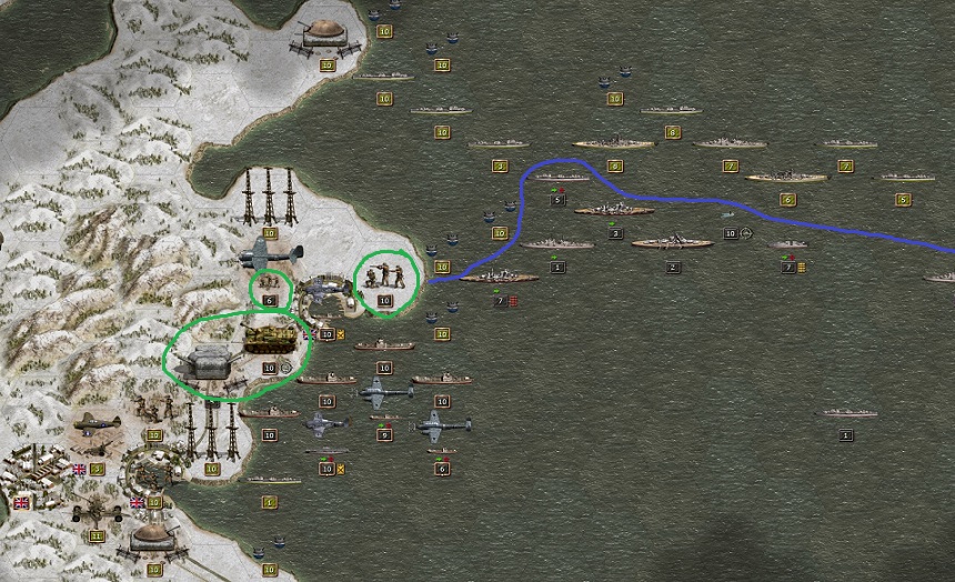 1944 March 09. Order of battle in the North Sea. Still defending in the north to hold back the British ships (blue) but now the defense line will be broken. Two artillery and two Gebirgsjäger already landed (green).
