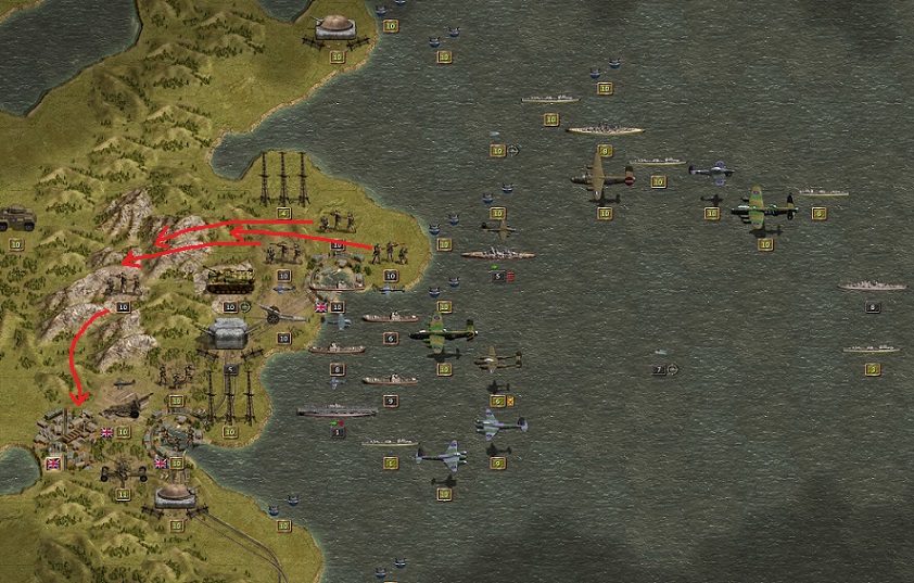1944 March 24. After the core of the German battleships was sunk the British will now quickly annihilate the rest of the Kriegsmarine and the invasion fleet. But von Runstedt’s Gebirgsjäger already rush through the Scottish mountains bypassing the British defense at Edinburgh while the German artillery opens the fire on astonished and surprised British defenders. Blitzkrieg again.