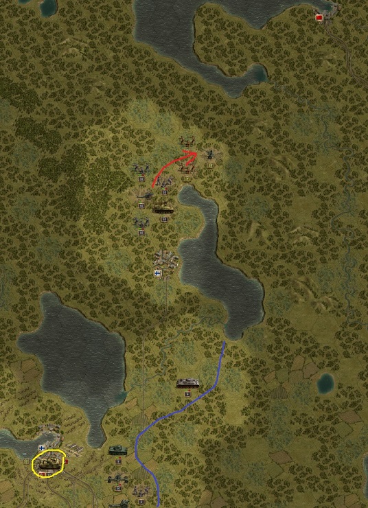 1944 September 05. Order of battle in the very north of Russia. A Kampfgruppe with 2 artilleries and 3 Finnish infantries has the order to break through to Archangelsk (red). It is planned that the troops will be supported by German bombers latest if they reach the Onega River south of Archangelsk. East of Leningrad a stable defense is set up against possible Russian counter attacks (blue). OKW has decided to send one experienced Panzer IVH division from the eastern front to southern France. The Panzers are currently loaded on trains in Leningrad (yellow)