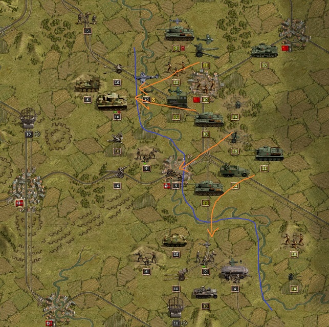1944 September 05. Defense line (blue) at the Don River against fierce continuous Russian attacks (orange). The situation can become critical there in November when the river gets frozen.