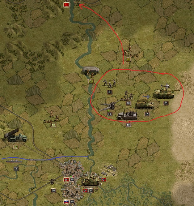 1944 September 05. The attack (red) from Stalingrad to the north to reach Saratov has started on the eastern shore. In parallel Stalingrad is defended (blue) against ongoing Russian attacks on the western shore.