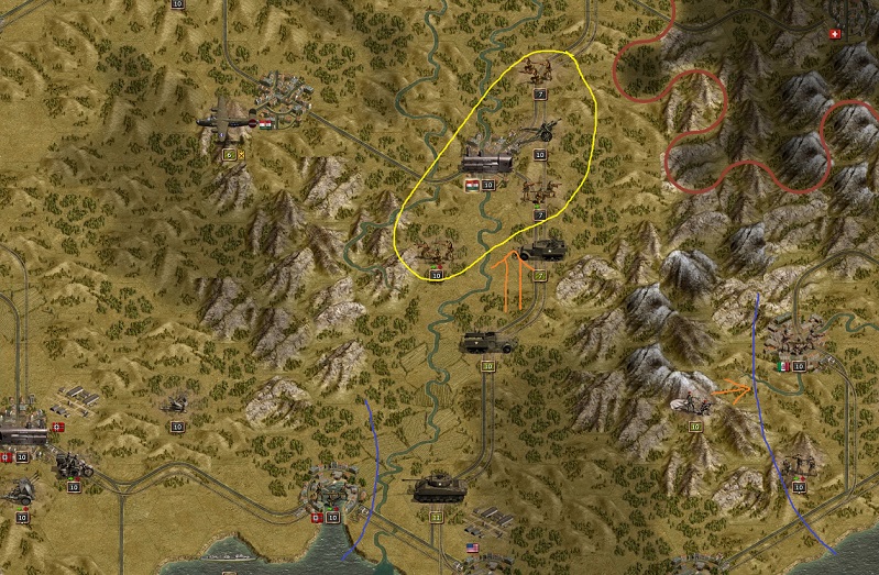 1944 October 20. The invasion of southern France. The Americans mainly strike north to Lyon on the eastern shore of the Rhone River (orange). The Wehrmacht has set up a defense in the east and in the west of the landing zones. The Hungarian expedition army (yellow) at Lyon is planned to repel the main strike of the Americans. The first fights have already started. The Germans will support this army with a 88er and a tank division soon.