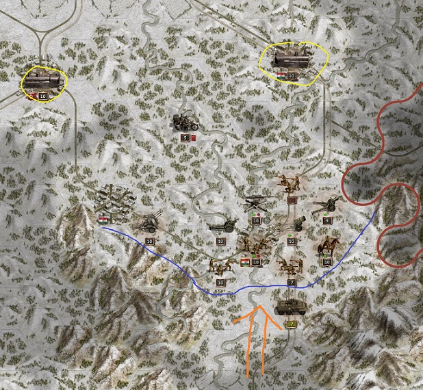 1944 December 19. American scouts are spotting the Axis defense at Lyon. For sure soon the attack of the US invasion core will start. The Hungarians have finished their setup. A German 88 Flak / antitank was stationed backhand near Lyon because it is known that the Americans have strong tank forces and the German and Finnish tanks (yellow) have still not arrived at Lyon.