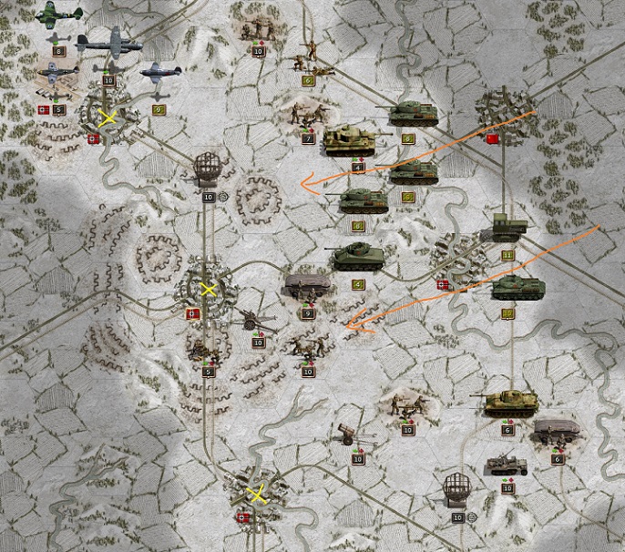 1945 January 18. The Russians are coming. The Tiger division in the north has to retreat to avoid immediate destruction. In the south also the Panther division is facing strong opponents. The Axis front line will be taken back to the line Orel – Kursk – Belgorod (yellow). The goal of the attacking Red Army (orange) is clear. Recapture Kursk and breakthrough west to the weakly defended German hinterland. In case of success the Wehrmacht has to stop its successful offensive in the north. Guderian has requested the main core of the German Luftwaffe in Russia to strike against the attacking Russians when the snowfall stops.