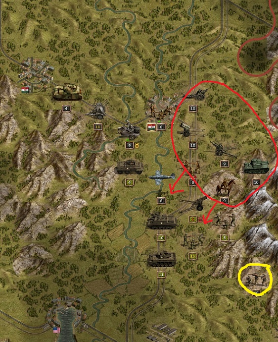 1945 February 17.  The winter ending early splits off a doomed part of the American army on the western shore of the Rhone River. On the eastern shore the main enemy core is pressed back south by the Hungarians (red) and a Finnish light tank division. Bad surprise for the Americans. A German Gebirgsjäger division (yellow) has crossed the Alps from Italy and will soon attack in the flank of the American army.