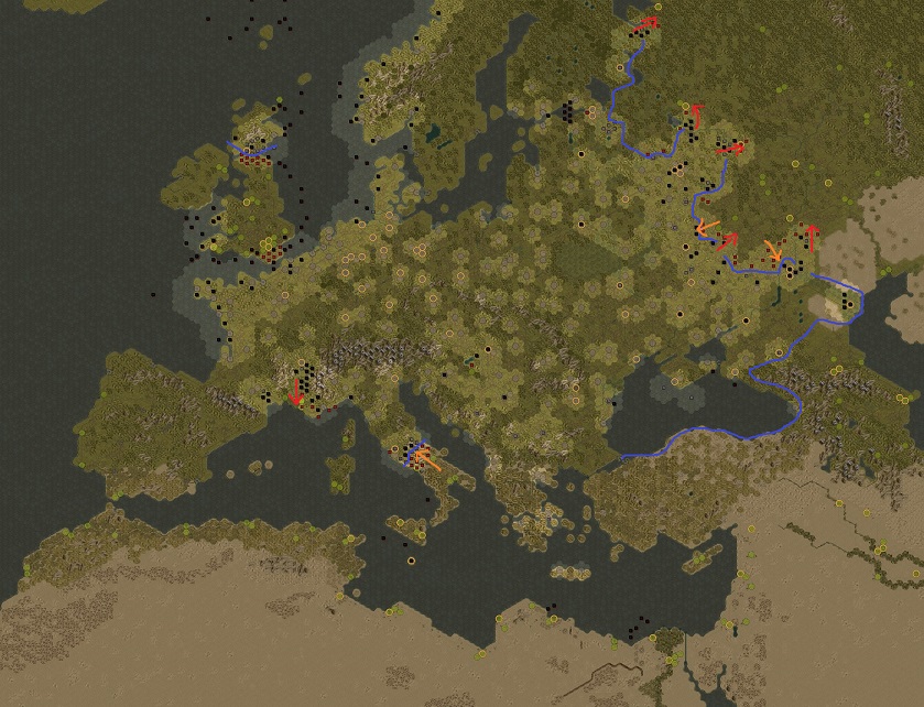 Order of battle in April 1945. Blue: Defending / Red: Attacking / Orange: Attacks of the Allies.