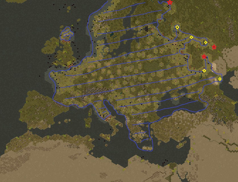 July 02 1945. It is over. Huge parts of West, Central and East Europe are under control of the Axis. From the 8 strategic targets at the Volga River 5 were captured (yellow). Time ran out for the Wehrmacht to reach even a victory in the east.