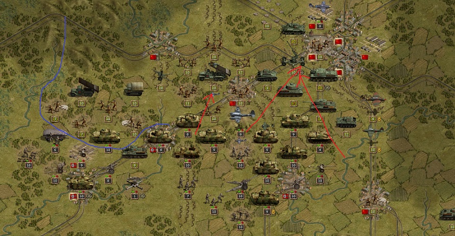 Begin of April 1944. First Zitadelle AAR. A long battlefield from east to west. Russian artillery and infantry concentrated in the west far away from Moscow. Mainly tank forces protecting Moscow. A weak point can be seen in the setup of the Russians west of Moscow that I immediately selected as target for my tank attack. But the Red Army always threatens to break through to the west.