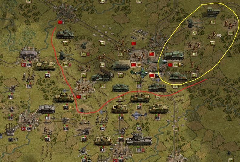 End of May 1944. Second Zitadelle AAR. The big difference. No split off the Red Army in two parts. The Red Army now stands very compact west of Moscow and they have even pushed back the German tanks south of Moscow a little bit. Thus there is no problem for the Red Army to move more and more enforcements (yellow) to Moscow postponing the German occupation of Moscow and the move to the Volga River for several months.