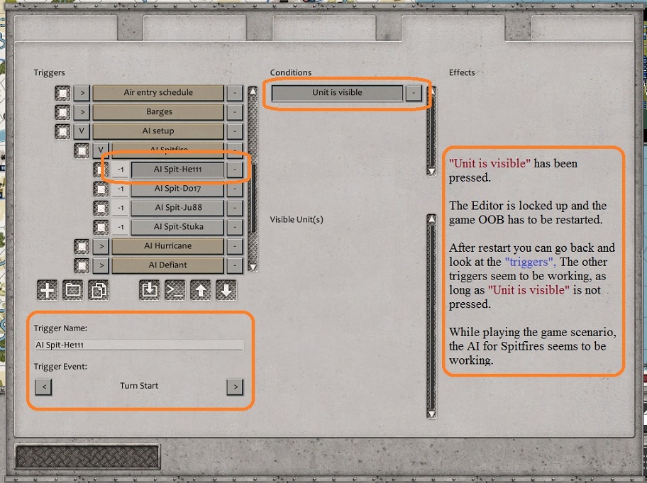 Unit is Visible; Editor and game frozen.