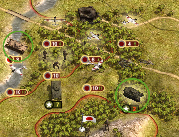 Jap tank in river tile and US tank in jungle tile