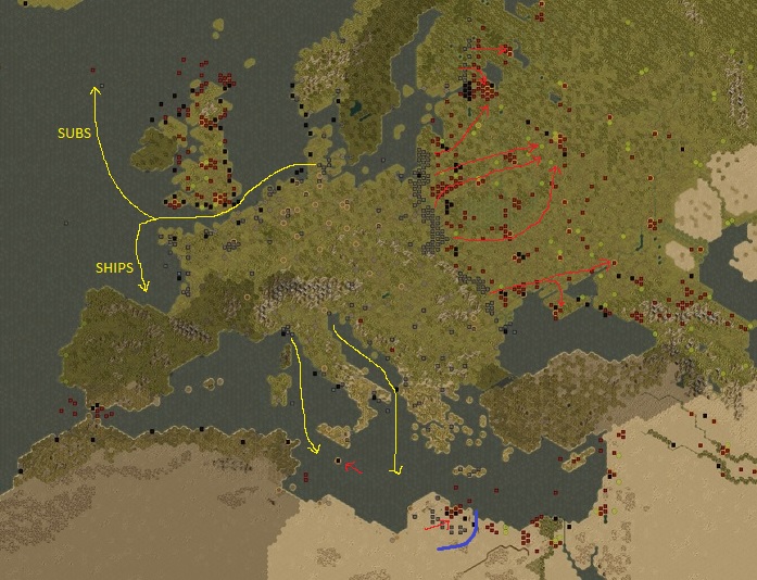 Order of battle in June 1941: Red - Attacking / Blue - Defending / Yellow - Naval Moves