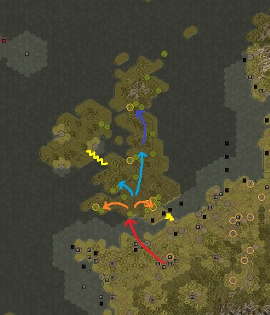 Red: land in winter 41/42. Orange: attack in 42. Light blue: Attack in winter 42/43. Blue: Finish England in 43. Yellow: Blockade to keep away the overwhelming British fleets.