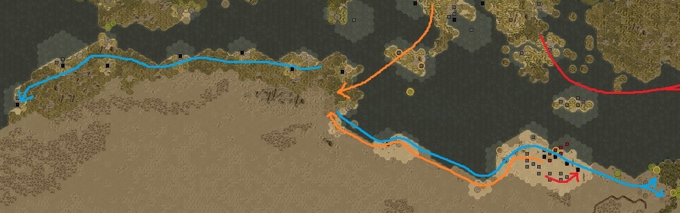 Red: Defend/attack in 41/42. Orange: Move to Tunisia in winter 42/43. Additional troops will come from Italy. Light blue: After repelling Torch attack west to recapture North Africa and move east to invade Egypt in 43/44/45