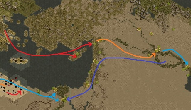 Red: Forces embark in Greece and land near Aleppo in winter 41/42. Also Cyprus is captured. Orange: Move to Bagdad in 42/43. Light blue: Move to Basra in 43/44. Blue: Capture the rest of Palestine in 44/45 and invade Egypt from the east