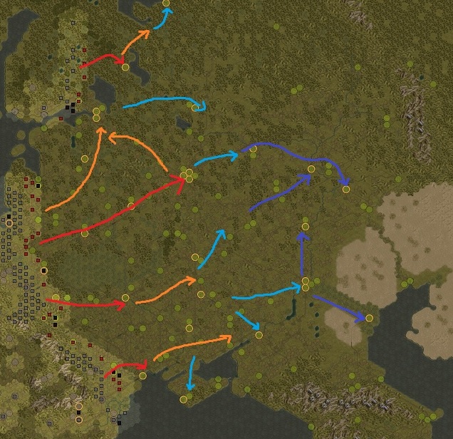 Red: Rush for Moscow in 41. Orange: Capture Leningrad in 42 and move to the Don River. Light blue: Cross the Don River and reach Stalingrad in 43/44. Blue: Final approach to capture all victory cities at the Volga River latest summer 45.