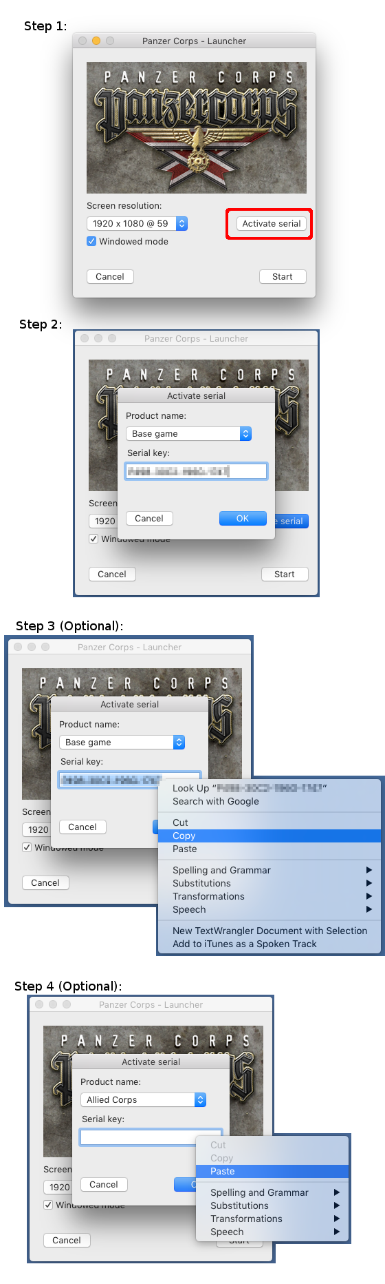 Instruction Steps for Activating your Panzer Corps Serial keys on a Mac